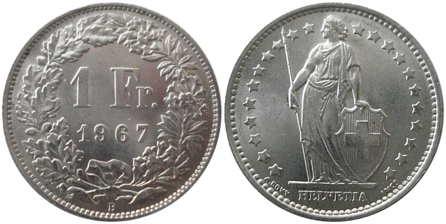 Avers du 1 franc suisse en argent à 835 ‰ : Helvetia debout.